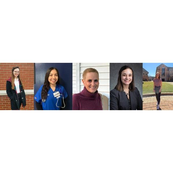 five headshots of students in a composite photo, two standing, others are seated